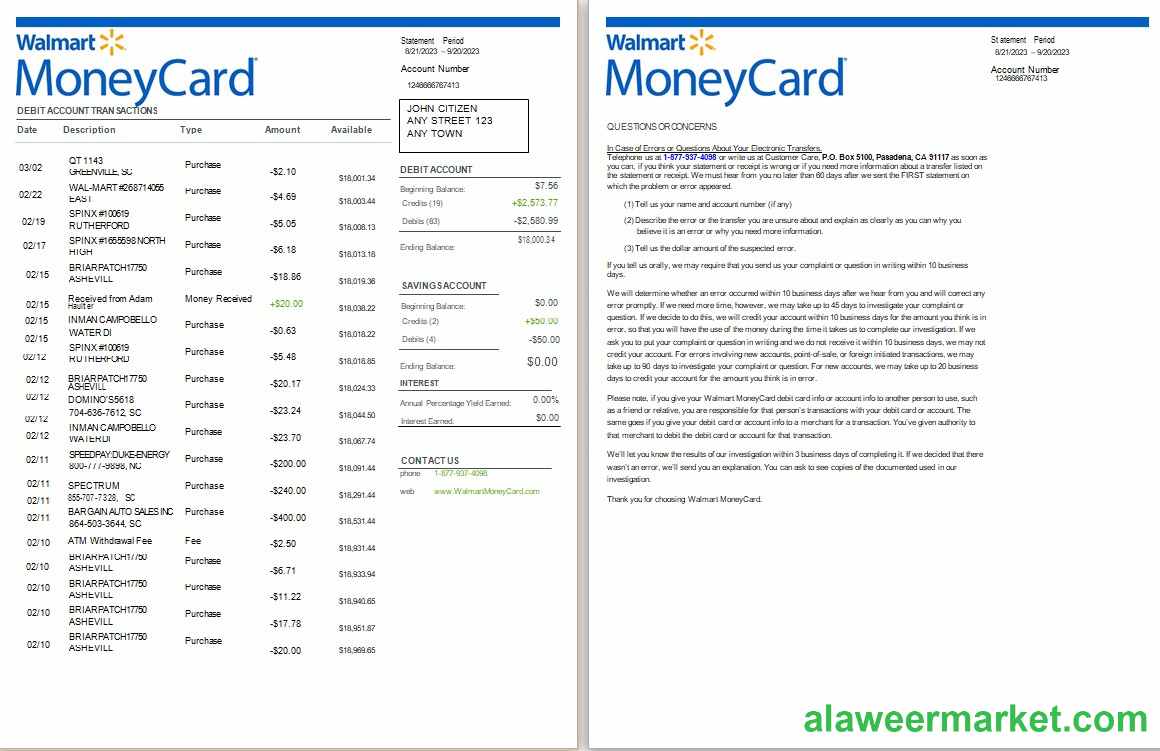 USA Walmart MoneyCard bank statement Word and PDF, 2 pages